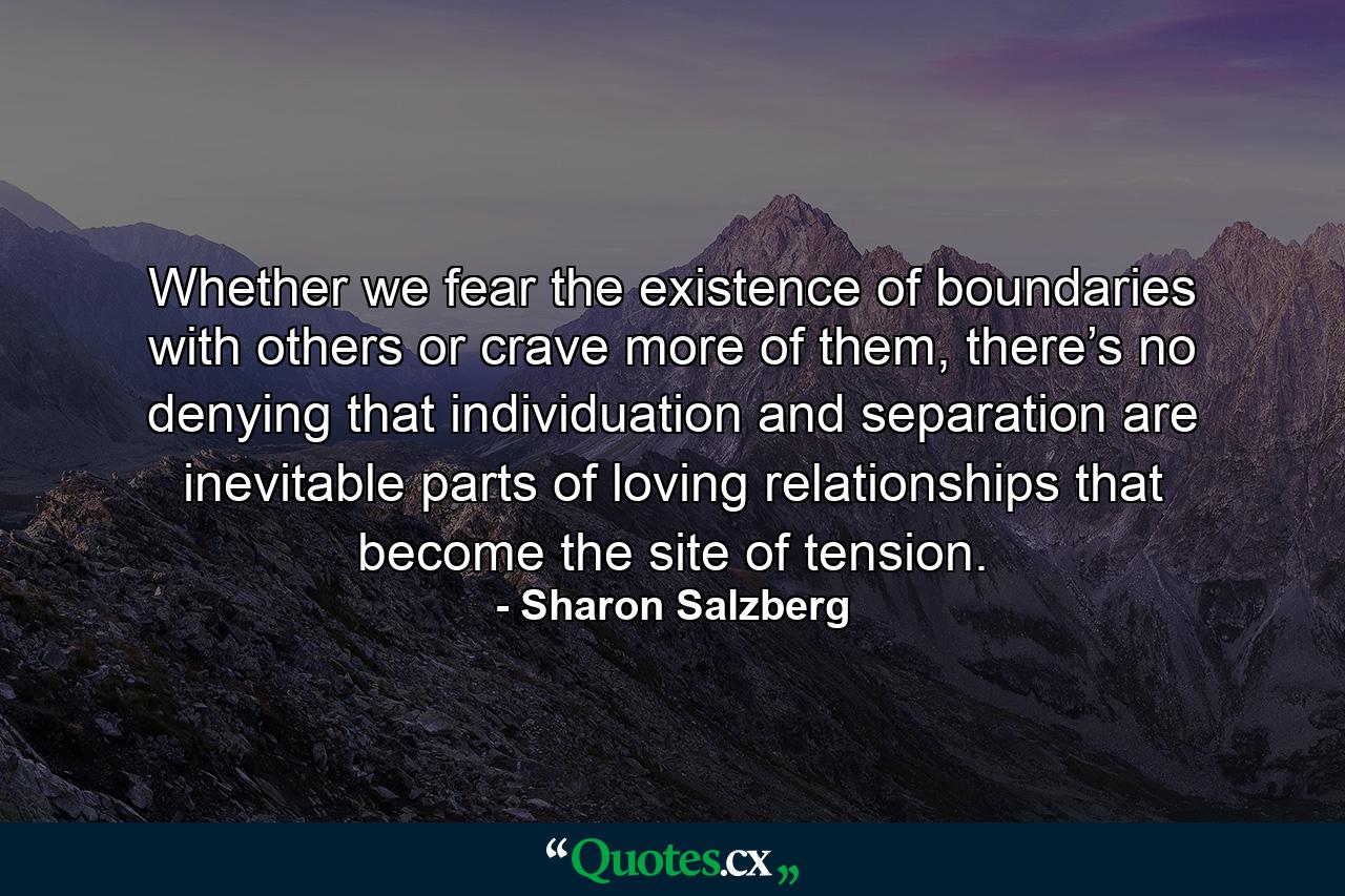 Whether we fear the existence of boundaries with others or crave more of them, there’s no denying that individuation and separation are inevitable parts of loving relationships that become the site of tension. - Quote by Sharon Salzberg