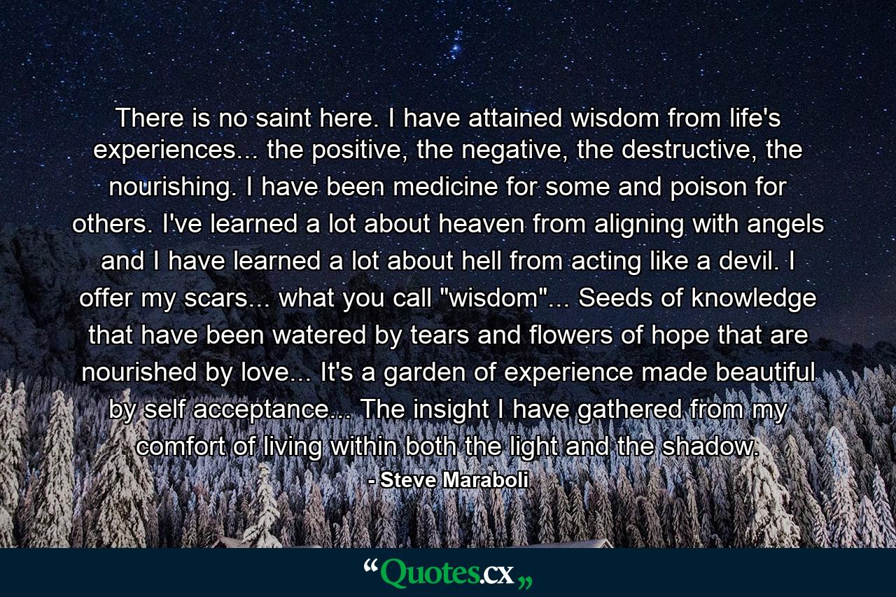 There is no saint here. I have attained wisdom from life's experiences... the positive, the negative, the destructive, the nourishing. I have been medicine for some and poison for others. I've learned a lot about heaven from aligning with angels and I have learned a lot about hell from acting like a devil. I offer my scars... what you call 