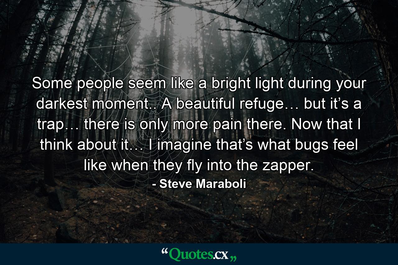 Some people seem like a bright light during your darkest moment.. A beautiful refuge… but it’s a trap… there is only more pain there. Now that I think about it… I imagine that’s what bugs feel like when they fly into the zapper. - Quote by Steve Maraboli