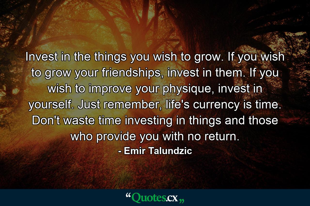 Invest in the things you wish to grow. If you wish to grow your friendships, invest in them. If you wish to improve your physique, invest in yourself. Just remember, life's currency is time. Don't waste time investing in things and those who provide you with no return. - Quote by Emir Talundzic