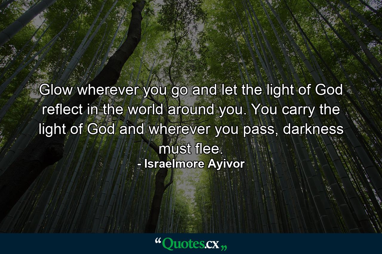 Glow wherever you go and let the light of God reflect in the world around you. You carry the light of God and wherever you pass, darkness must flee. - Quote by Israelmore Ayivor