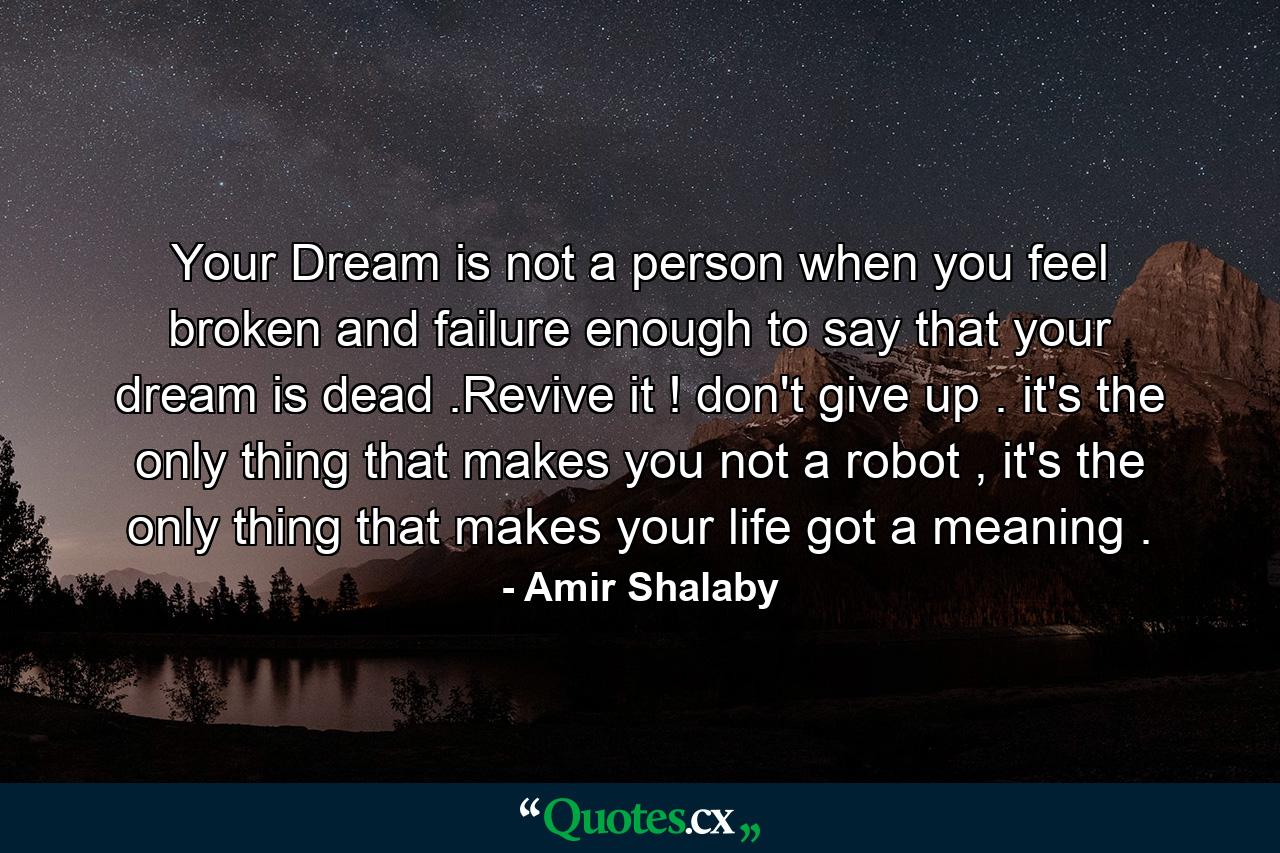 Your Dream is not a person when you feel broken and failure enough to say that your dream is dead .Revive it ! don't give up . it's the only thing that makes you not a robot , it's the only thing that makes your life got a meaning . - Quote by Amir Shalaby