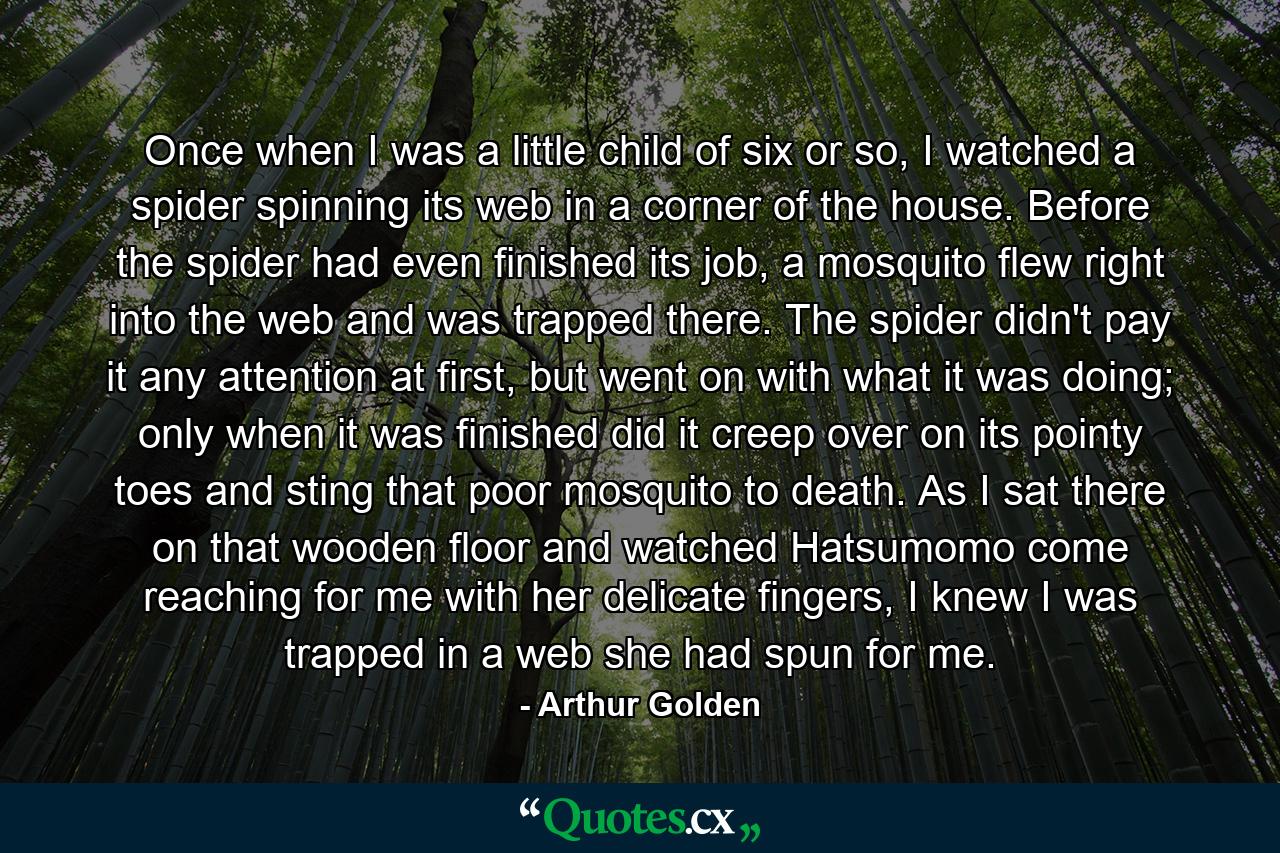 Once when I was a little child of six or so, I watched a spider spinning its web in a corner of the house. Before the spider had even finished its job, a mosquito flew right into the web and was trapped there. The spider didn't pay it any attention at first, but went on with what it was doing; only when it was finished did it creep over on its pointy toes and sting that poor mosquito to death. As I sat there on that wooden floor and watched Hatsumomo come reaching for me with her delicate fingers, I knew I was trapped in a web she had spun for me. - Quote by Arthur Golden