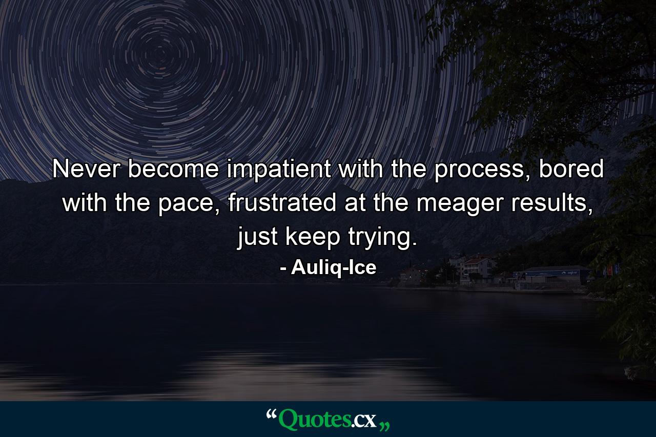 Never become impatient with the process, bored with the pace, frustrated at the meager results, just keep trying. - Quote by Auliq-Ice