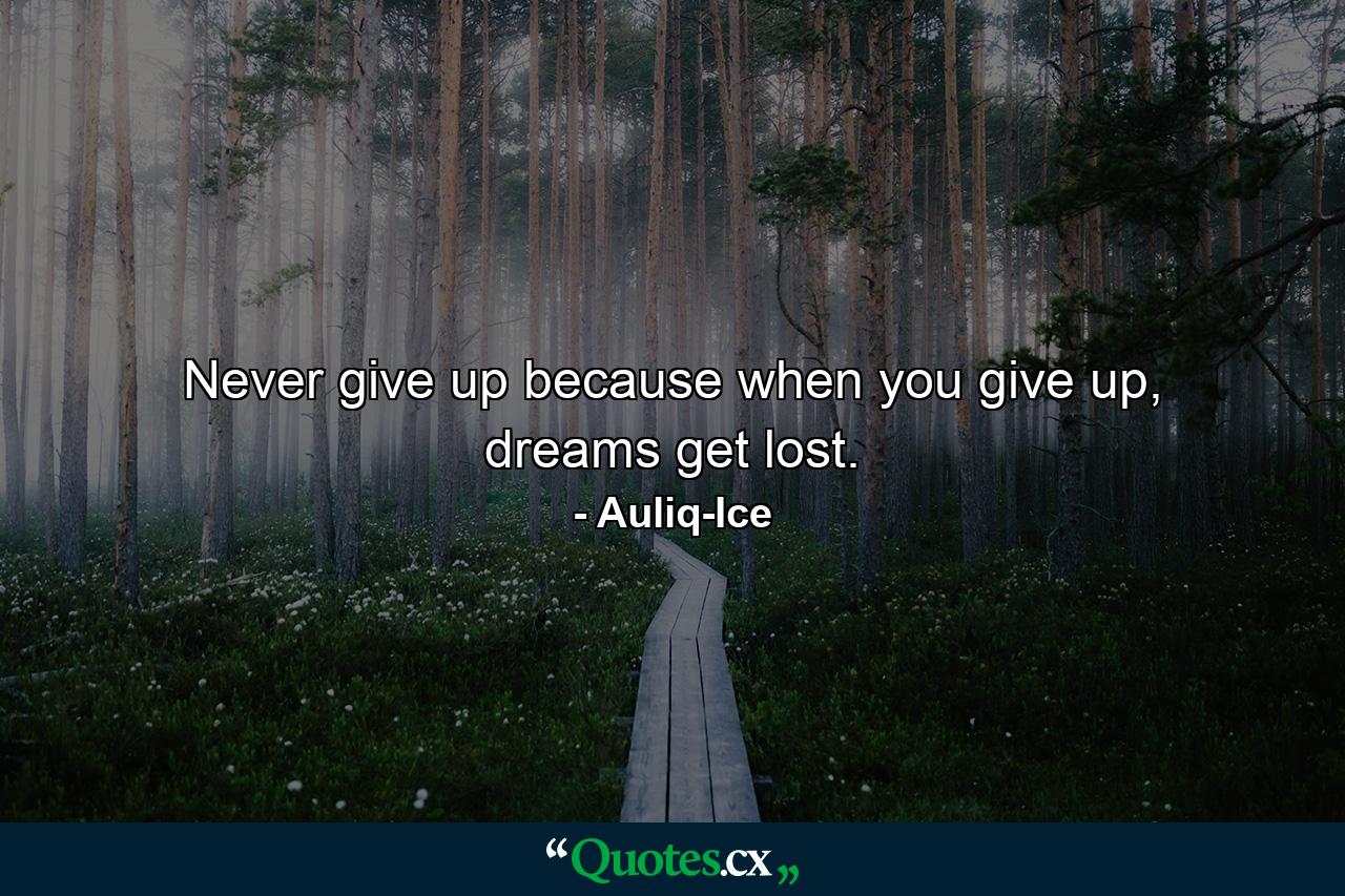 Never give up because when you give up, dreams get lost. - Quote by Auliq-Ice