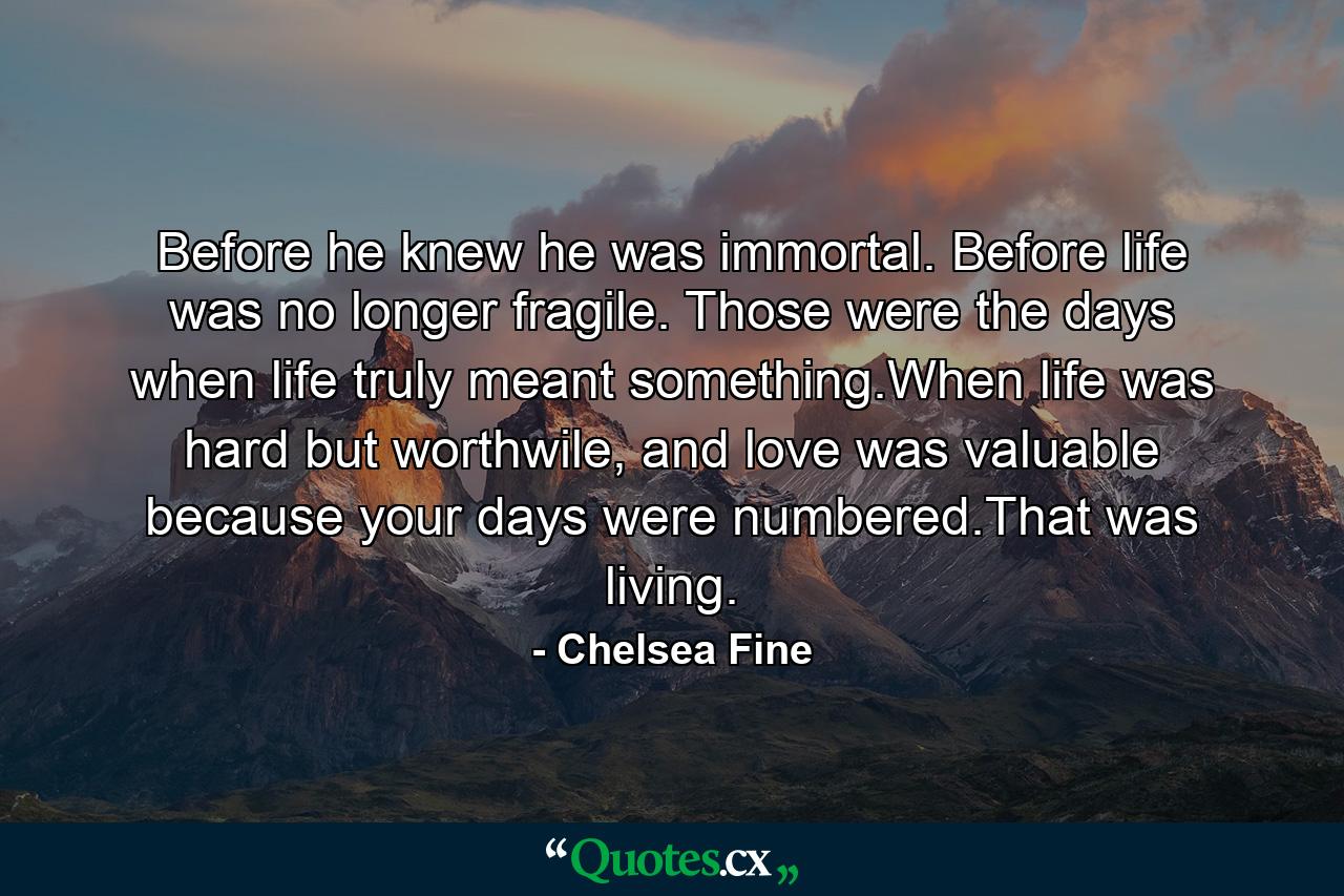 Before he knew he was immortal. Before life was no longer fragile. Those were the days when life truly meant something.When life was hard but worthwile, and love was valuable because your days were numbered.That was living. - Quote by Chelsea Fine