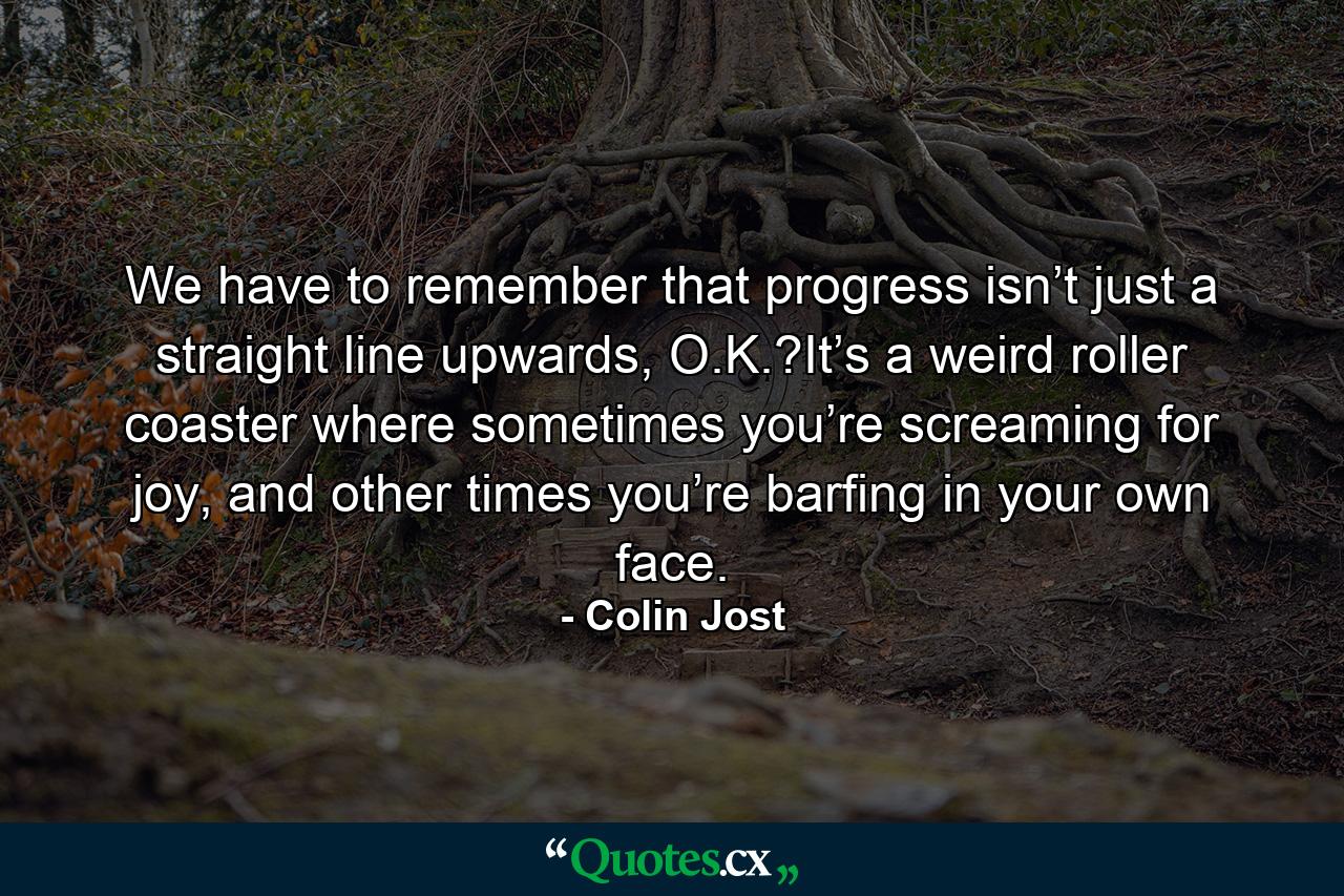 We have to remember that progress isn’t just a straight line upwards, O.K.?It’s a weird roller coaster where sometimes you’re screaming for joy, and other times you’re barfing in your own face. - Quote by Colin Jost