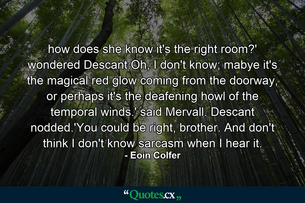 how does she know it's the right room?' wondered Descant.Oh, I don't know; mabye it's the magical red glow coming from the doorway, or perhaps it's the deafening howl of the temporal winds.' said Mervall. Descant nodded.'You could be right, brother. And don't think I don't know sarcasm when I hear it. - Quote by Eoin Colfer