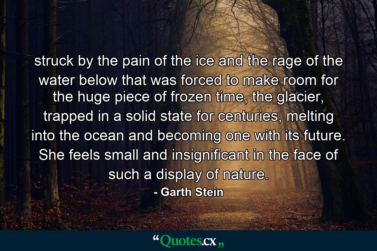 struck by the pain of the ice and the rage of the water below that was forced to make room for the huge piece of frozen time, the glacier, trapped in a solid state for centuries, melting into the ocean and becoming one with its future. She feels small and insignificant in the face of such a display of nature. - Quote by Garth Stein