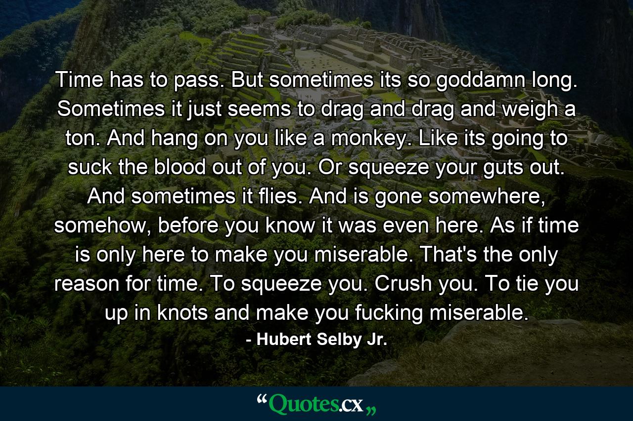 Time has to pass. But sometimes its so goddamn long. Sometimes it just seems to drag and drag and weigh a ton. And hang on you like a monkey. Like its going to suck the blood out of you. Or squeeze your guts out. And sometimes it flies. And is gone somewhere, somehow, before you know it was even here. As if time is only here to make you miserable. That's the only reason for time. To squeeze you. Crush you. To tie you up in knots and make you fucking miserable. - Quote by Hubert Selby Jr.