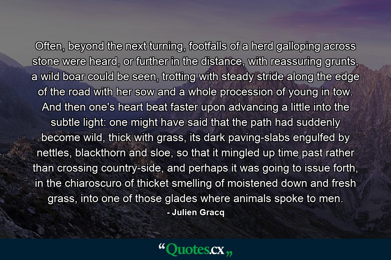 Often, beyond the next turning, footfalls of a herd galloping across stone were heard, or further in the distance, with reassuring grunts, a wild boar could be seen, trotting with steady stride along the edge of the road with her sow and a whole procession of young in tow. And then one's heart beat faster upon advancing a little into the subtle light: one might have said that the path had suddenly become wild, thick with grass, its dark paving-slabs engulfed by nettles, blackthorn and sloe, so that it mingled up time past rather than crossing country-side, and perhaps it was going to issue forth, in the chiaroscuro of thicket smelling of moistened down and fresh grass, into one of those glades where animals spoke to men. - Quote by Julien Gracq