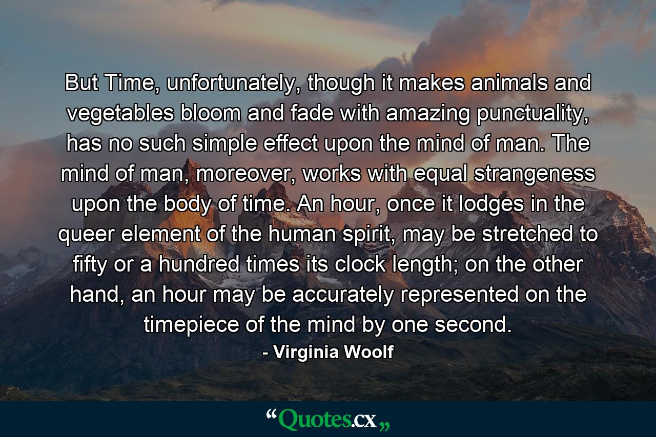 But Time, unfortunately, though it makes animals and vegetables bloom and fade with amazing punctuality, has no such simple effect upon the mind of man. The mind of man, moreover, works with equal strangeness upon the body of time. An hour, once it lodges in the queer element of the human spirit, may be stretched to fifty or a hundred times its clock length; on the other hand, an hour may be accurately represented on the timepiece of the mind by one second. - Quote by Virginia Woolf