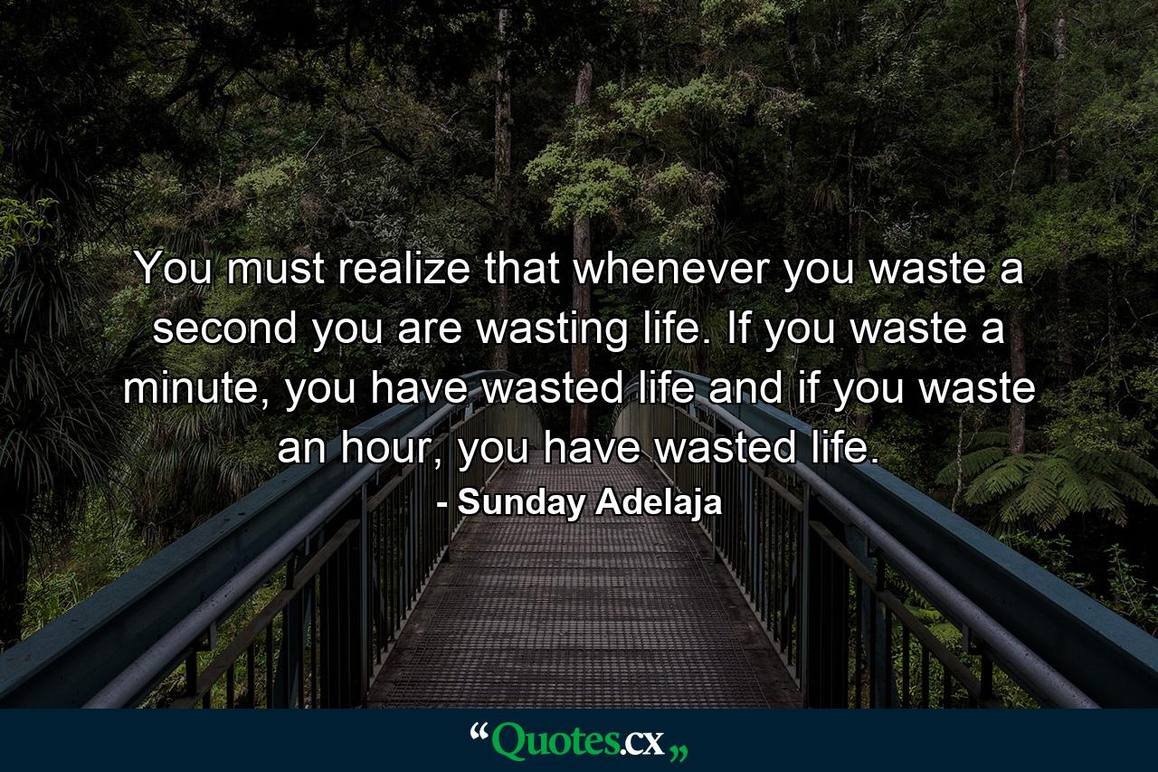 You must realize that whenever you waste a second you are wasting life. If you waste a minute, you have wasted life and if you waste an hour, you have wasted life. - Quote by Sunday Adelaja