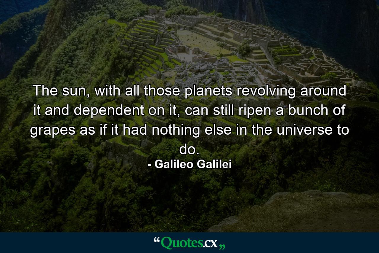 The sun, with all those planets revolving around it and dependent on it, can still ripen a bunch of grapes as if it had nothing else in the universe to do. - Quote by Galileo Galilei