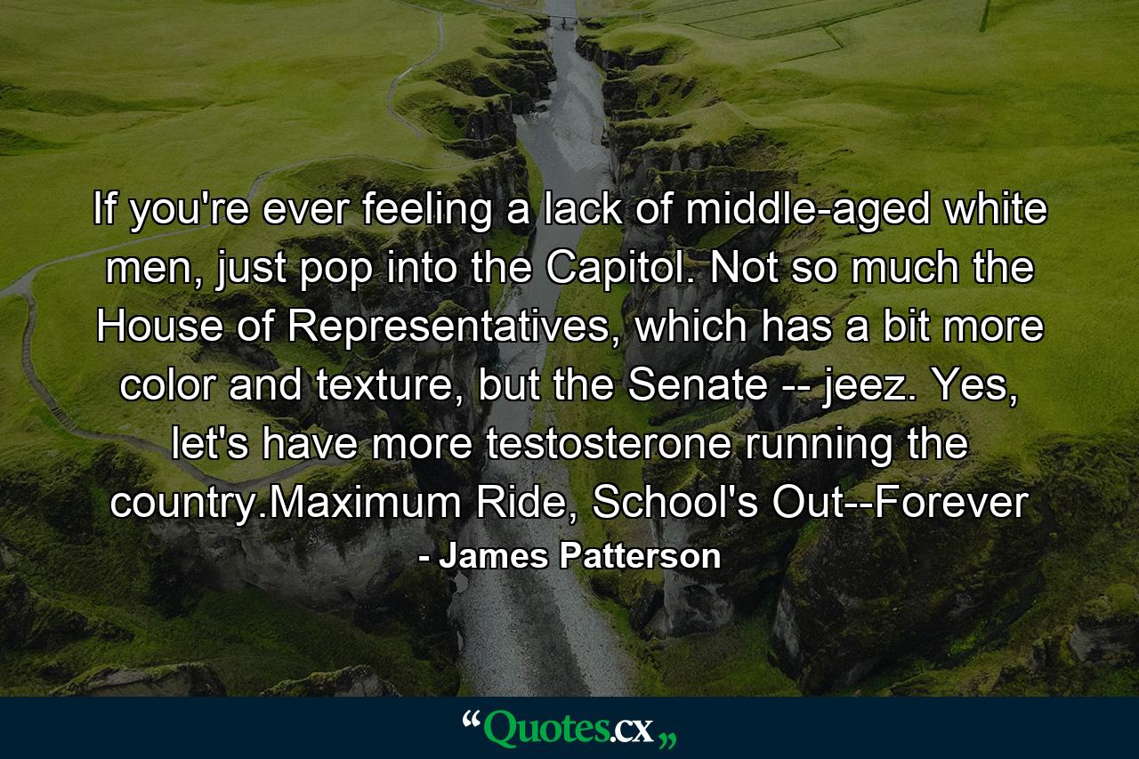 If you're ever feeling a lack of middle-aged white men, just pop into the Capitol. Not so much the House of Representatives, which has a bit more color and texture, but the Senate -- jeez. Yes, let's have more testosterone running the country.Maximum Ride, School's Out--Forever - Quote by James Patterson