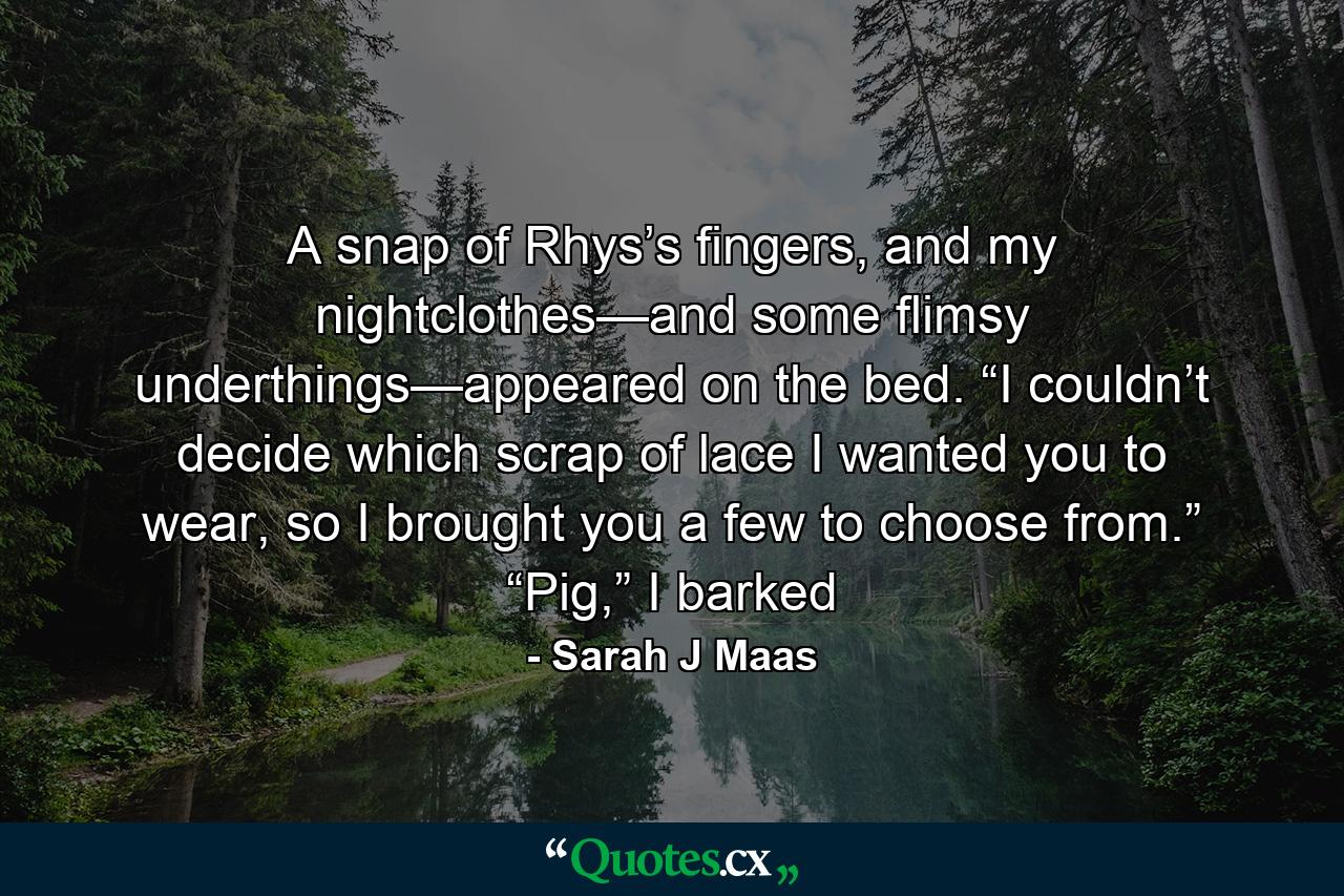 A snap of Rhys’s fingers, and my nightclothes—and some flimsy underthings—appeared on the bed. “I couldn’t decide which scrap of lace I wanted you to wear, so I brought you a few to choose from.” “Pig,” I barked - Quote by Sarah J Maas