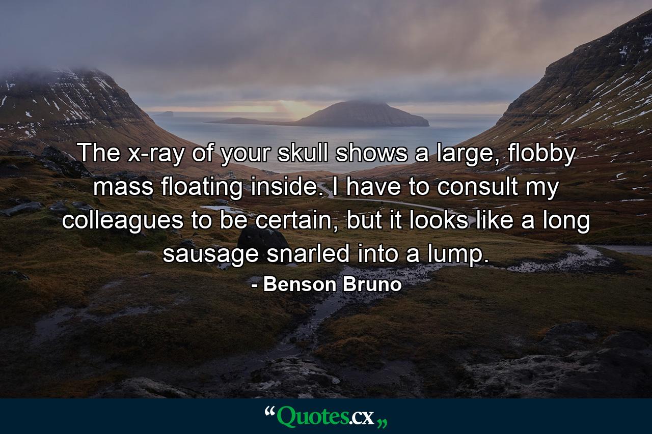 The x-ray of your skull shows a large, flobby mass floating inside. I have to consult my colleagues to be certain, but it looks like a long sausage snarled into a lump. - Quote by Benson Bruno