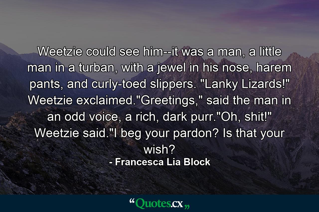 Weetzie could see him--it was a man, a little man in a turban, with a jewel in his nose, harem pants, and curly-toed slippers. 