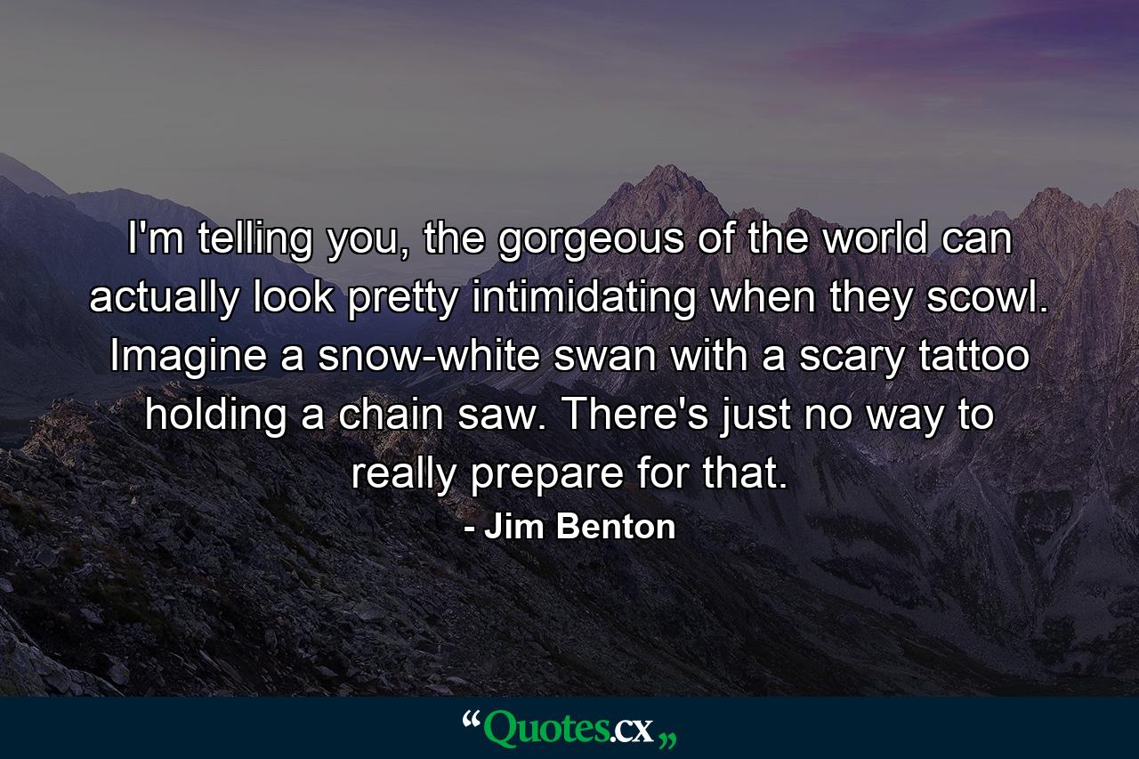 I'm telling you, the gorgeous of the world can actually look pretty intimidating when they scowl. Imagine a snow-white swan with a scary tattoo holding a chain saw. There's just no way to really prepare for that. - Quote by Jim Benton