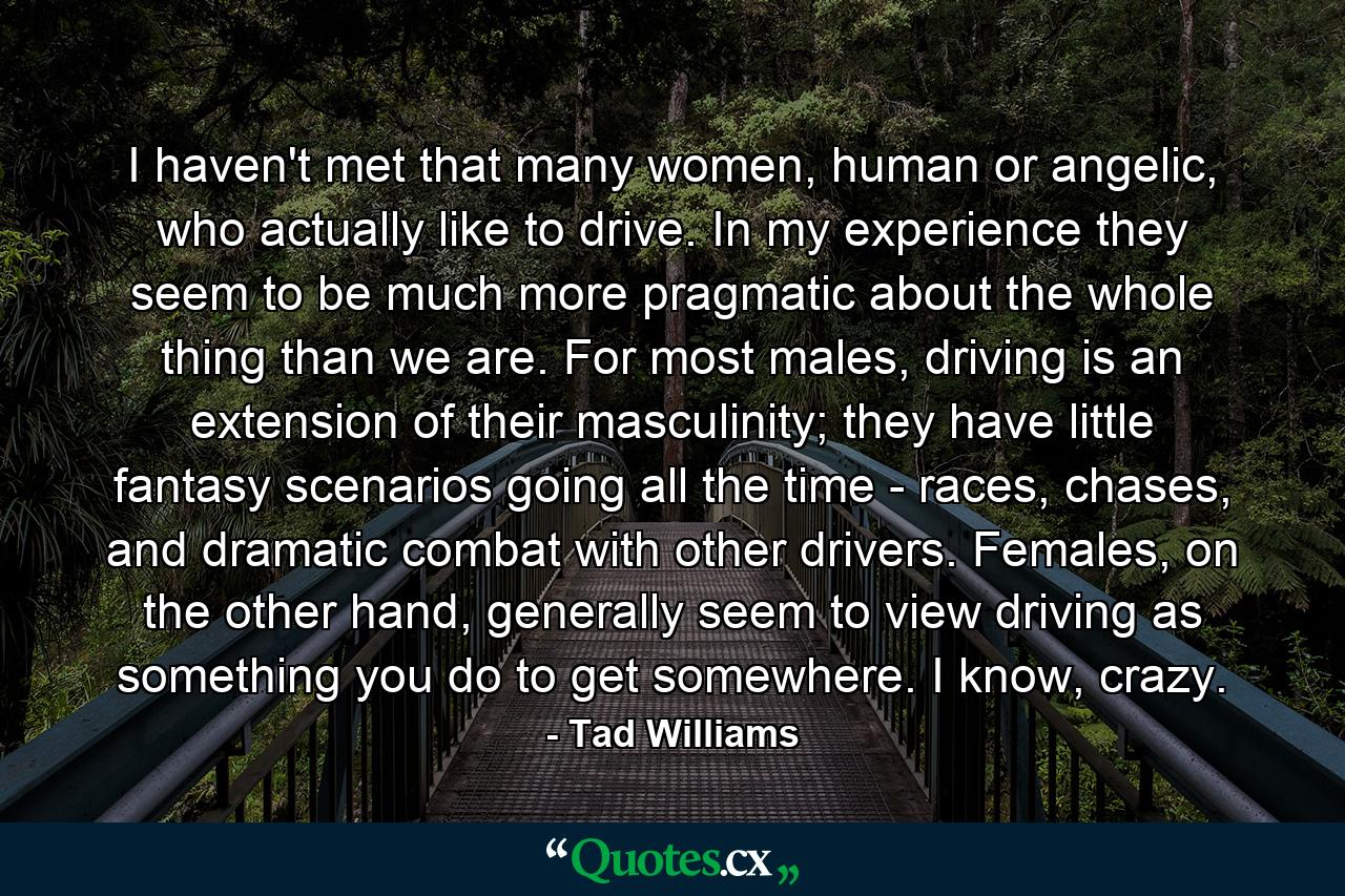 I haven't met that many women, human or angelic, who actually like to drive. In my experience they seem to be much more pragmatic about the whole thing than we are. For most males, driving is an extension of their masculinity; they have little fantasy scenarios going all the time - races, chases, and dramatic combat with other drivers. Females, on the other hand, generally seem to view driving as something you do to get somewhere. I know, crazy. - Quote by Tad Williams