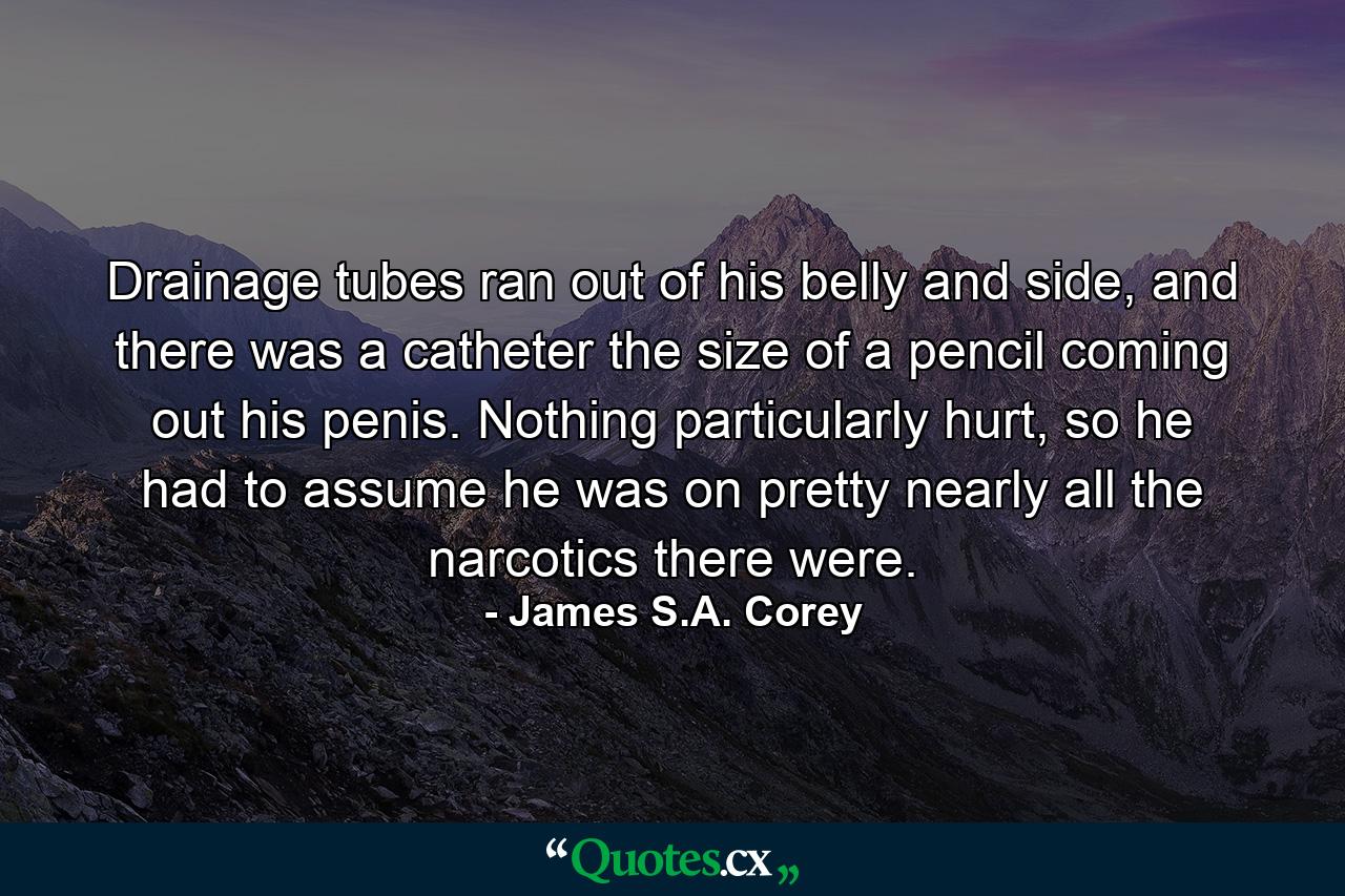 Drainage tubes ran out of his belly and side, and there was a catheter the size of a pencil coming out his penis. Nothing particularly hurt, so he had to assume he was on pretty nearly all the narcotics there were. - Quote by James S.A. Corey