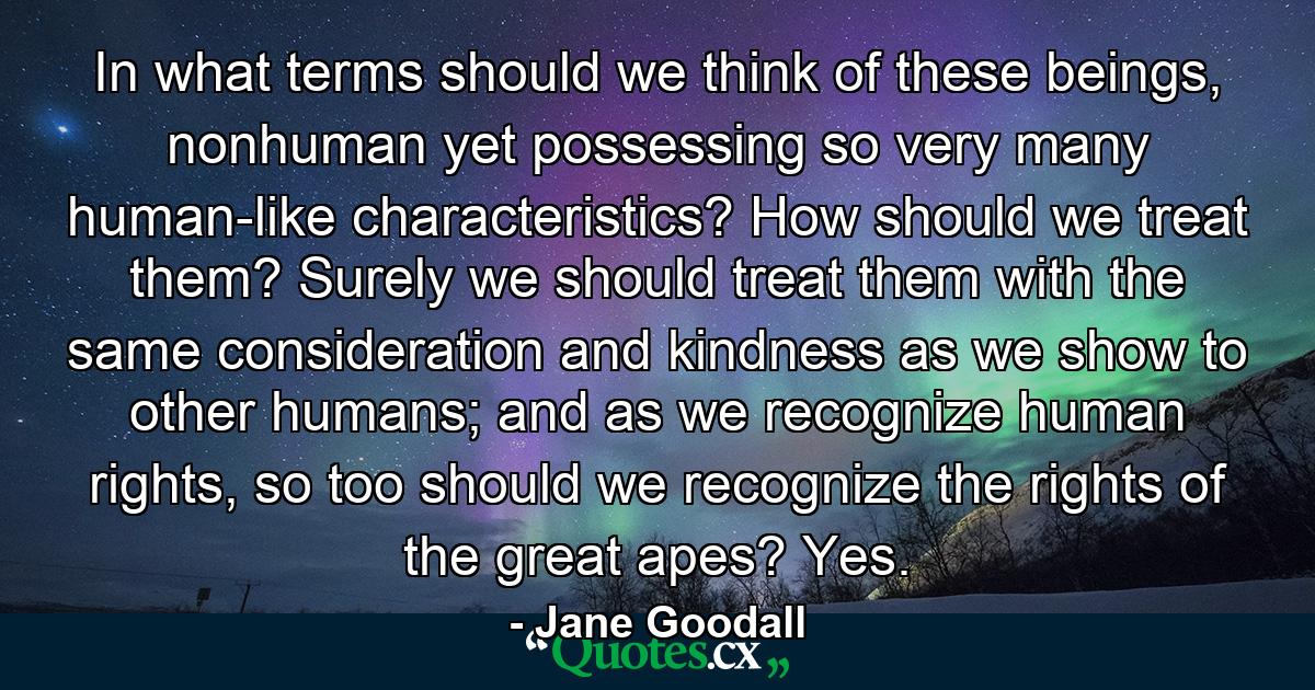 In what terms should we think of these beings, nonhuman yet possessing so very many human-like characteristics? How should we treat them? Surely we should treat them with the same consideration and kindness as we show to other humans; and as we recognize human rights, so too should we recognize the rights of the great apes? Yes. - Quote by Jane Goodall