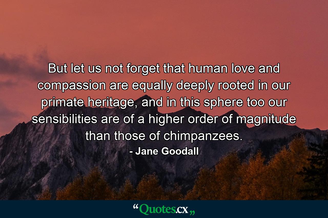 But let us not forget that human love and compassion are equally deeply rooted in our primate heritage, and in this sphere too our sensibilities are of a higher order of magnitude than those of chimpanzees. - Quote by Jane Goodall