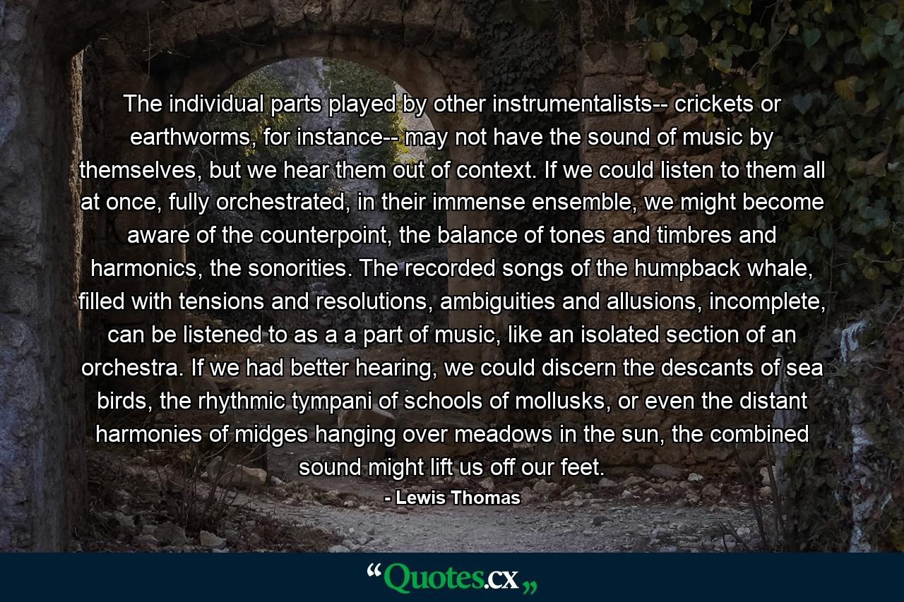 The individual parts played by other instrumentalists-- crickets or earthworms, for instance-- may not have the sound of music by themselves, but we hear them out of context. If we could listen to them all at once, fully orchestrated, in their immense ensemble, we might become aware of the counterpoint, the balance of tones and timbres and harmonics, the sonorities. The recorded songs of the humpback whale, filled with tensions and resolutions, ambiguities and allusions, incomplete, can be listened to as a a part of music, like an isolated section of an orchestra. If we had better hearing, we could discern the descants of sea birds, the rhythmic tympani of schools of mollusks, or even the distant harmonies of midges hanging over meadows in the sun, the combined sound might lift us off our feet. - Quote by Lewis Thomas