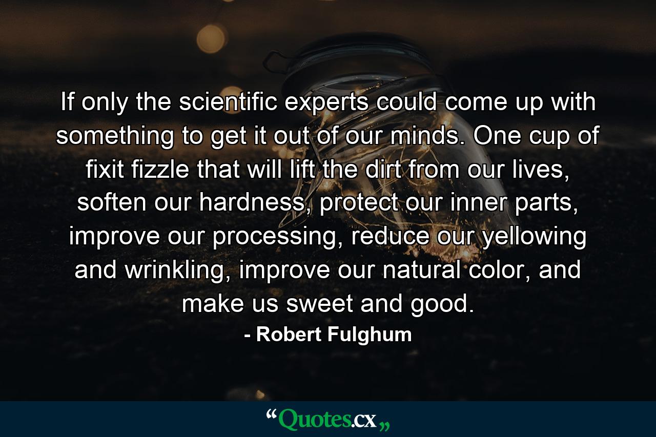 If only the scientific experts could come up with something to get it out of our minds. One cup of fixit fizzle that will lift the dirt from our lives, soften our hardness, protect our inner parts, improve our processing, reduce our yellowing and wrinkling, improve our natural color, and make us sweet and good. - Quote by Robert Fulghum