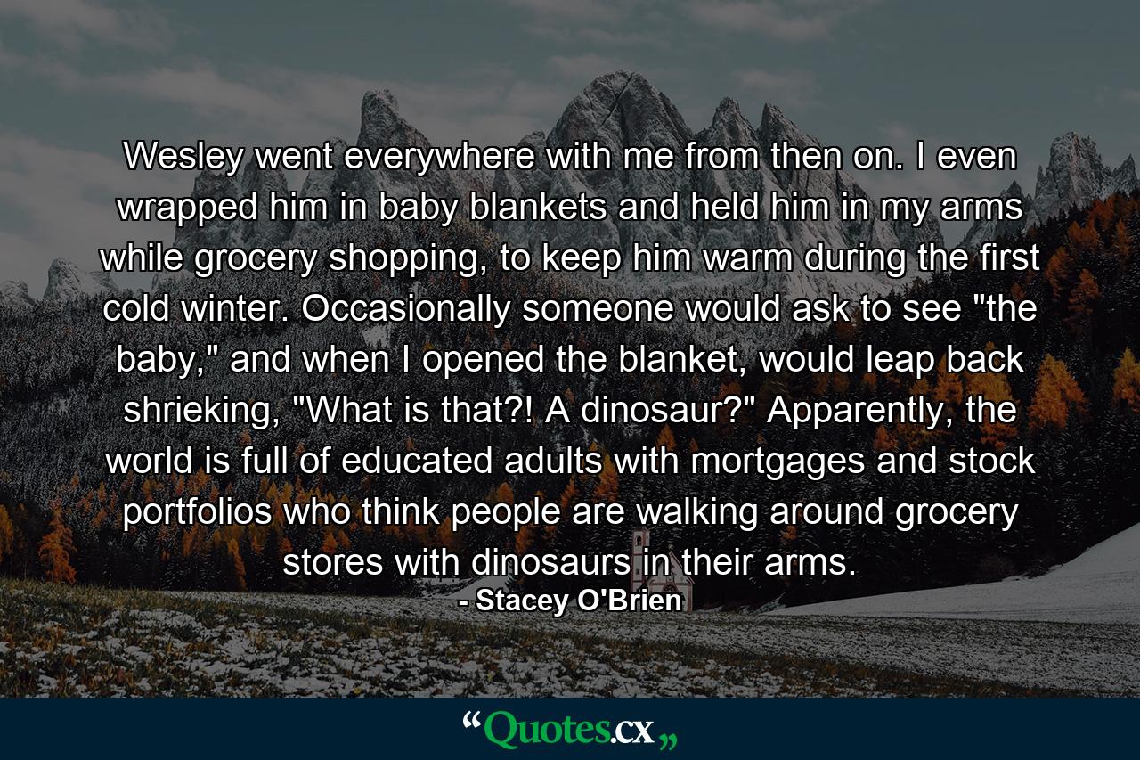 Wesley went everywhere with me from then on. I even wrapped him in baby blankets and held him in my arms while grocery shopping, to keep him warm during the first cold winter. Occasionally someone would ask to see 