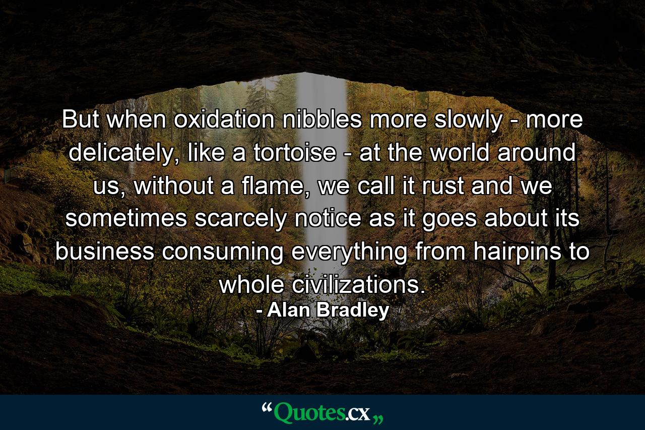 But when oxidation nibbles more slowly - more delicately, like a tortoise - at the world around us, without a flame, we call it rust and we sometimes scarcely notice as it goes about its business consuming everything from hairpins to whole civilizations. - Quote by Alan Bradley