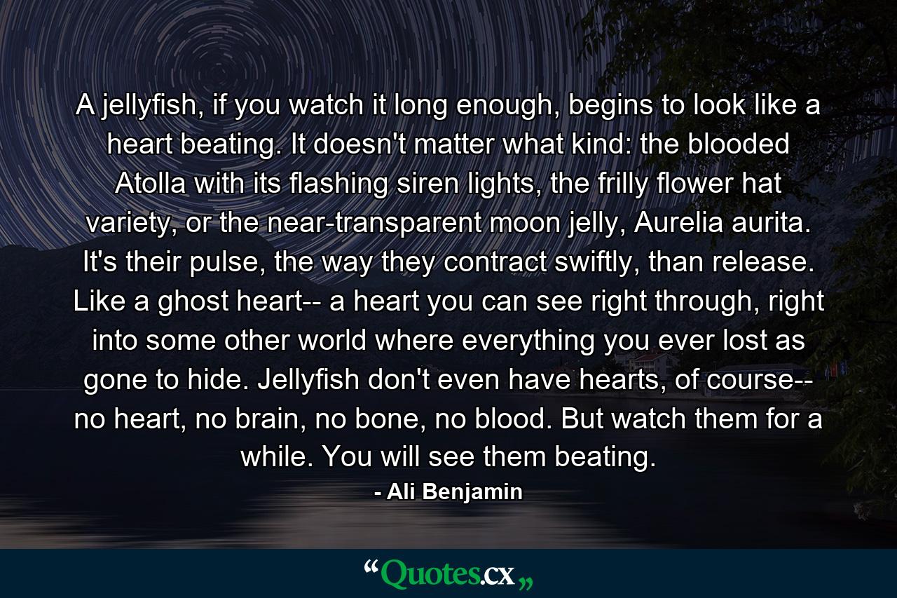 A jellyfish, if you watch it long enough, begins to look like a heart beating. It doesn't matter what kind: the blooded Atolla with its flashing siren lights, the frilly flower hat variety, or the near-transparent moon jelly, Aurelia aurita. It's their pulse, the way they contract swiftly, than release. Like a ghost heart-- a heart you can see right through, right into some other world where everything you ever lost as gone to hide. Jellyfish don't even have hearts, of course-- no heart, no brain, no bone, no blood. But watch them for a while. You will see them beating. - Quote by Ali Benjamin