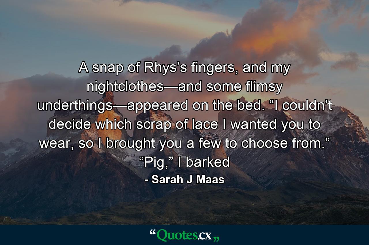 A snap of Rhys’s fingers, and my nightclothes—and some flimsy underthings—appeared on the bed. “I couldn’t decide which scrap of lace I wanted you to wear, so I brought you a few to choose from.” “Pig,” I barked - Quote by Sarah J Maas