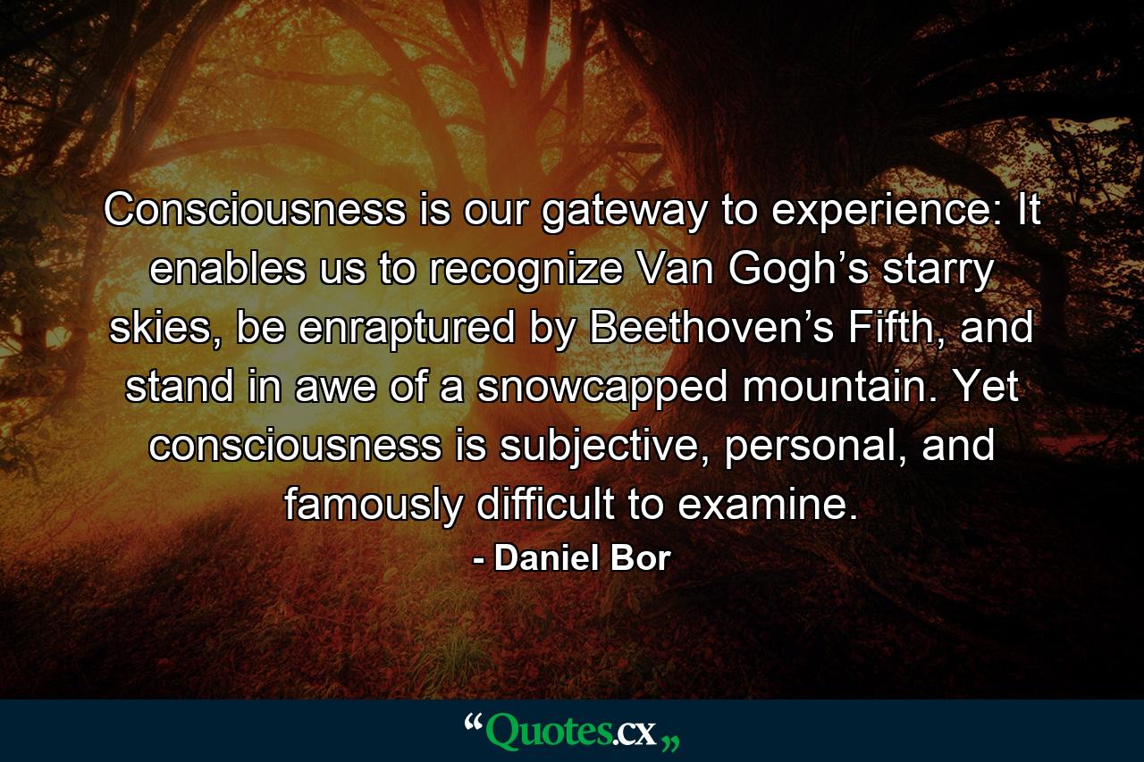 Consciousness is our gateway to experience: It enables us to recognize Van Gogh’s starry skies, be enraptured by Beethoven’s Fifth, and stand in awe of a snowcapped mountain. Yet consciousness is subjective, personal, and famously difficult to examine. - Quote by Daniel Bor