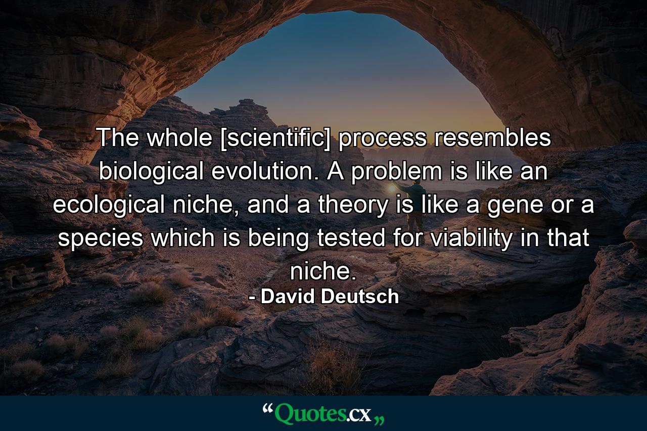 The whole [scientific] process resembles biological evolution. A problem is like an ecological niche, and a theory is like a gene or a species which is being tested for viability in that niche. - Quote by David Deutsch