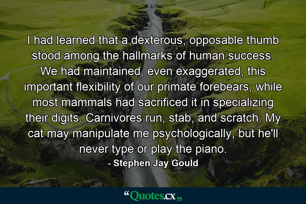 I had learned that a dexterous, opposable thumb stood among the hallmarks of human success. We had maintained, even exaggerated, this important flexibility of our primate forebears, while most mammals had sacrificed it in specializing their digits. Carnivores run, stab, and scratch. My cat may manipulate me psychologically, but he'll never type or play the piano. - Quote by Stephen Jay Gould