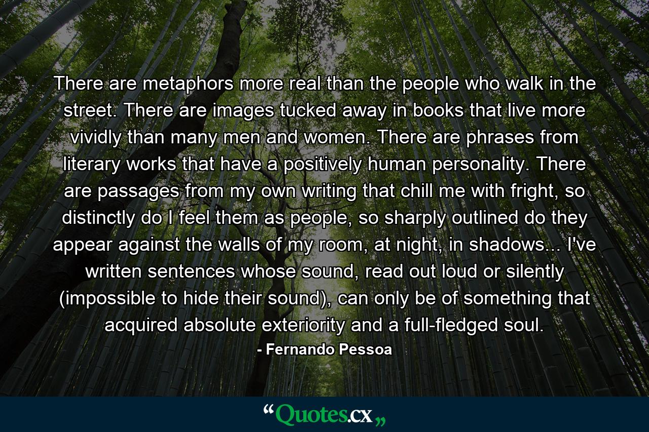 There are metaphors more real than the people who walk in the street. There are images tucked away in books that live more vividly than many men and women. There are phrases from literary works that have a positively human personality. There are passages from my own writing that chill me with fright, so distinctly do I feel them as people, so sharply outlined do they appear against the walls of my room, at night, in shadows... I've written sentences whose sound, read out loud or silently (impossible to hide their sound), can only be of something that acquired absolute exteriority and a full-fledged soul. - Quote by Fernando Pessoa