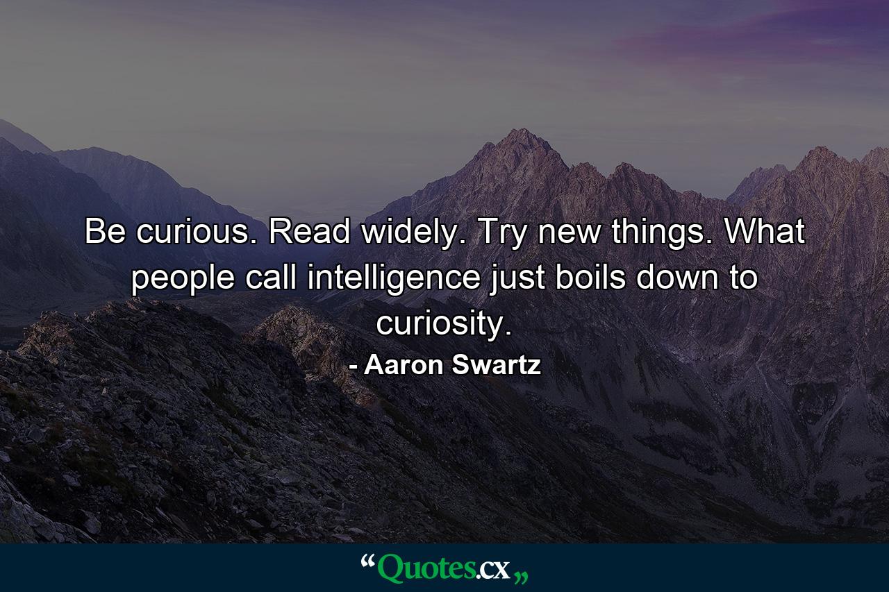 Be curious. Read widely. Try new things. What people call intelligence just boils down to curiosity. - Quote by Aaron Swartz