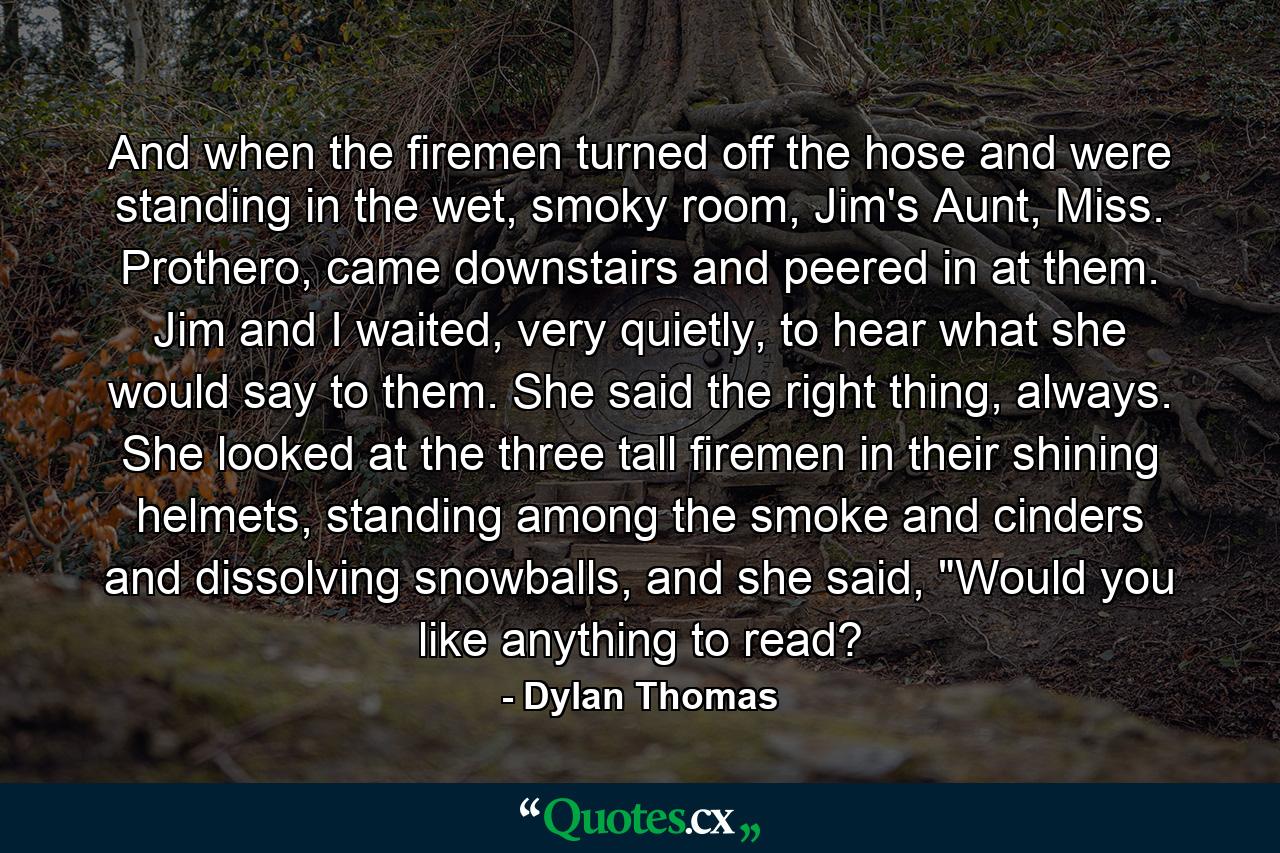 And when the firemen turned off the hose and were standing in the wet, smoky room, Jim's Aunt, Miss. Prothero, came downstairs and peered in at them. Jim and I waited, very quietly, to hear what she would say to them. She said the right thing, always. She looked at the three tall firemen in their shining helmets, standing among the smoke and cinders and dissolving snowballs, and she said, 