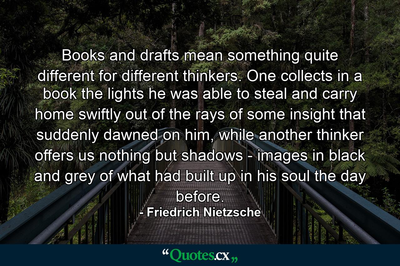 Books and drafts mean something quite different for different thinkers. One collects in a book the lights he was able to steal and carry home swiftly out of the rays of some insight that suddenly dawned on him, while another thinker offers us nothing but shadows - images in black and grey of what had built up in his soul the day before. - Quote by Friedrich Nietzsche