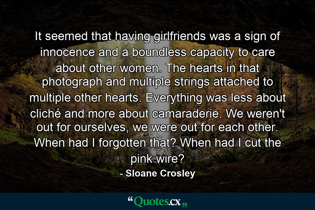 It seemed that having girlfriends was a sign of innocence and a boundless capacity to care about other women. The hearts in that photograph and multiple strings attached to multiple other hearts. Everything was less about cliché and more about camaraderie. We weren't out for ourselves, we were out for each other. When had I forgotten that? When had I cut the pink wire? - Quote by Sloane Crosley