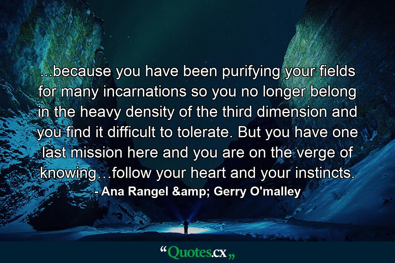 ...because you have been purifying your fields for many incarnations so you no longer belong in the heavy density of the third dimension and you find it difficult to tolerate. But you have one last mission here and you are on the verge of knowing…follow your heart and your instincts. - Quote by Ana Rangel & Gerry O'malley