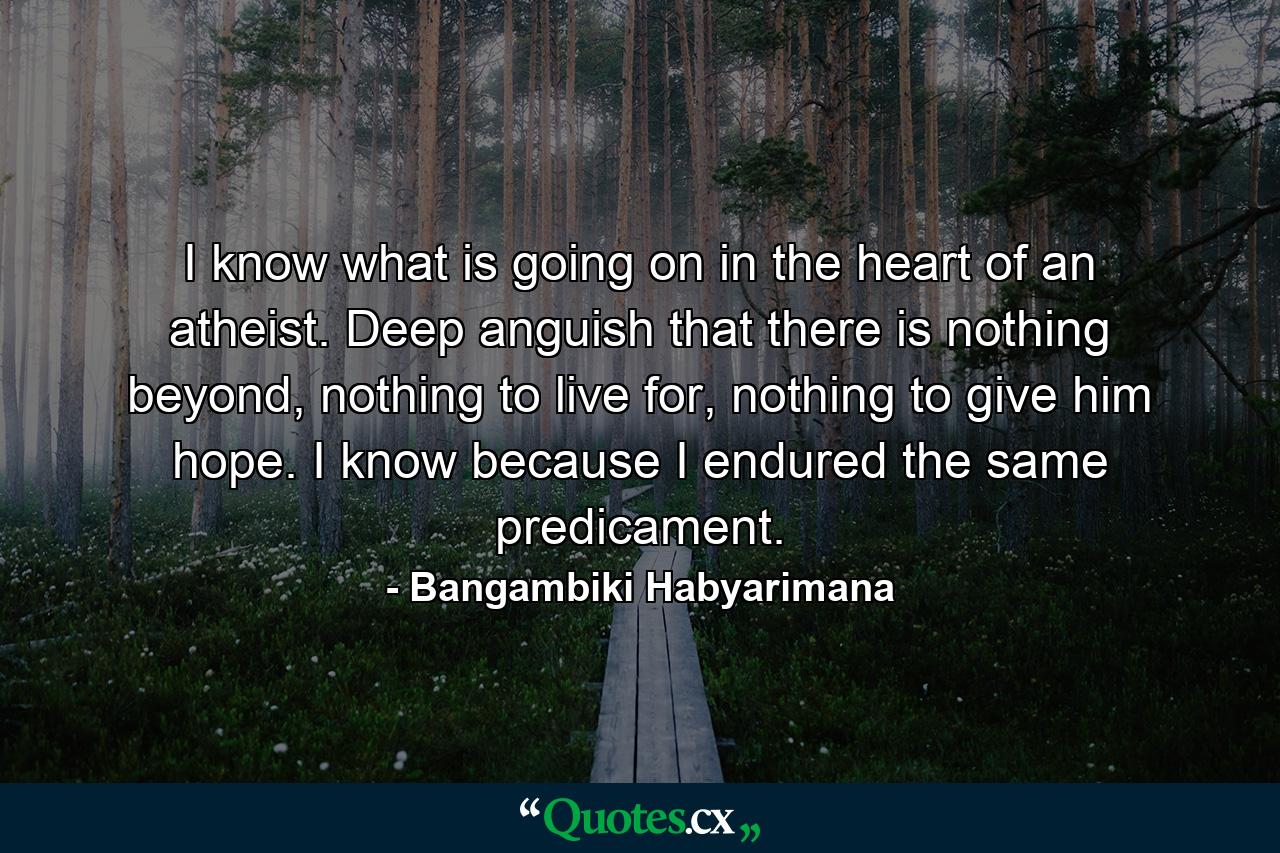 I know what is going on in the heart of an atheist. Deep anguish that there is nothing beyond, nothing to live for, nothing to give him hope. I know because I endured the same predicament. - Quote by Bangambiki Habyarimana