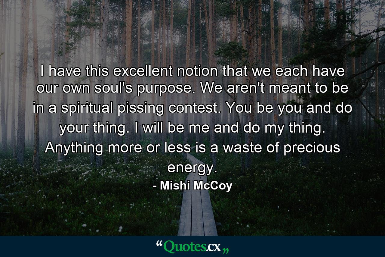 I have this excellent notion that we each have our own soul's purpose. We aren't meant to be in a spiritual pissing contest. You be you and do your thing. I will be me and do my thing. Anything more or less is a waste of precious energy. - Quote by Mishi McCoy