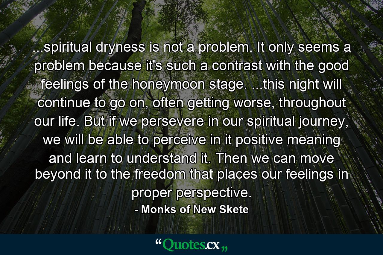 ...spiritual dryness is not a problem. It only seems a problem because it's such a contrast with the good feelings of the honeymoon stage. ...this night will continue to go on, often getting worse, throughout our life. But if we persevere in our spiritual journey, we will be able to perceive in it positive meaning and learn to understand it. Then we can move beyond it to the freedom that places our feelings in proper perspective. - Quote by Monks of New Skete