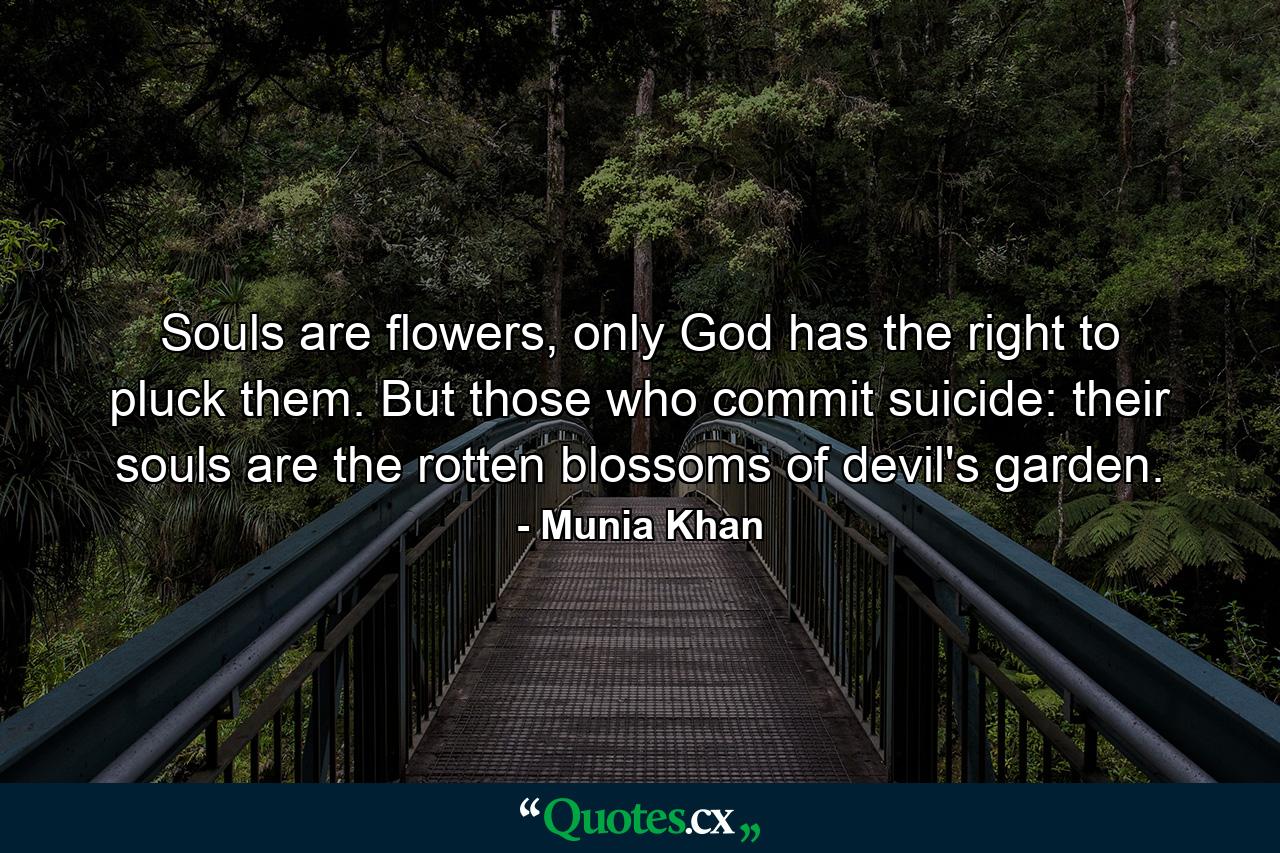 Souls are flowers, only God has the right to pluck them. But those who commit suicide: their souls are the rotten blossoms of devil's garden. - Quote by Munia Khan