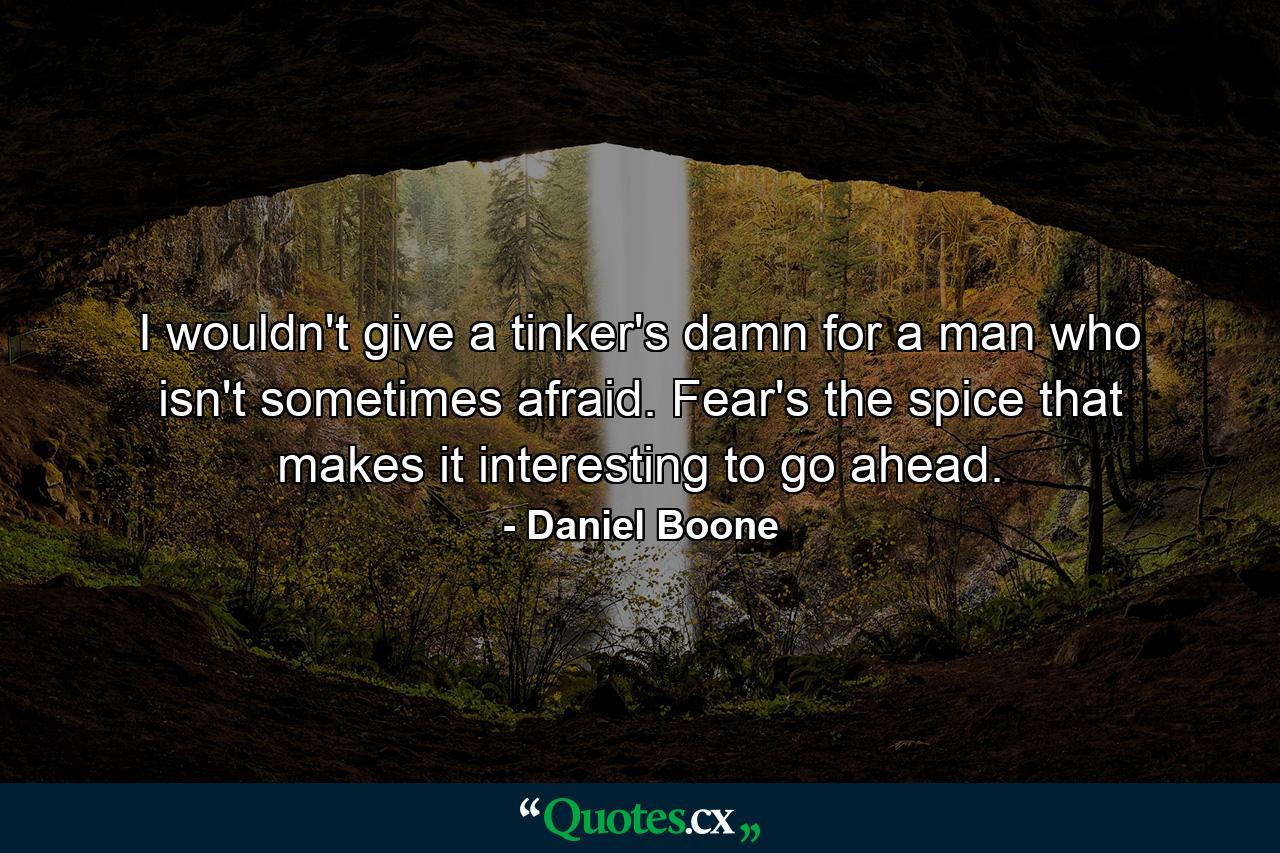 I wouldn't give a tinker's damn for a man who isn't sometimes afraid. Fear's the spice that makes it interesting to go ahead. - Quote by Daniel Boone