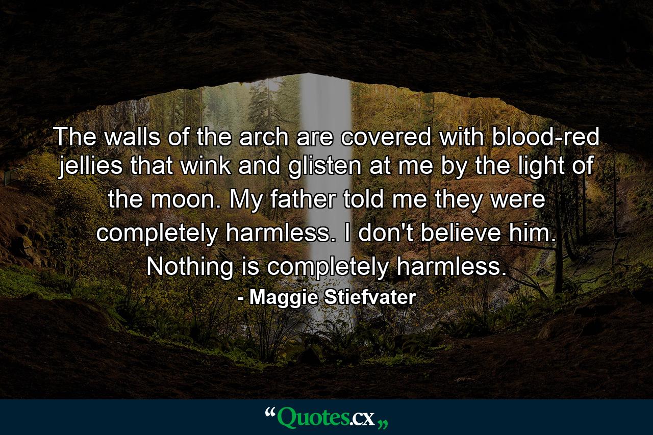 The walls of the arch are covered with blood-red jellies that wink and glisten at me by the light of the moon. My father told me they were completely harmless. I don't believe him. Nothing is completely harmless. - Quote by Maggie Stiefvater