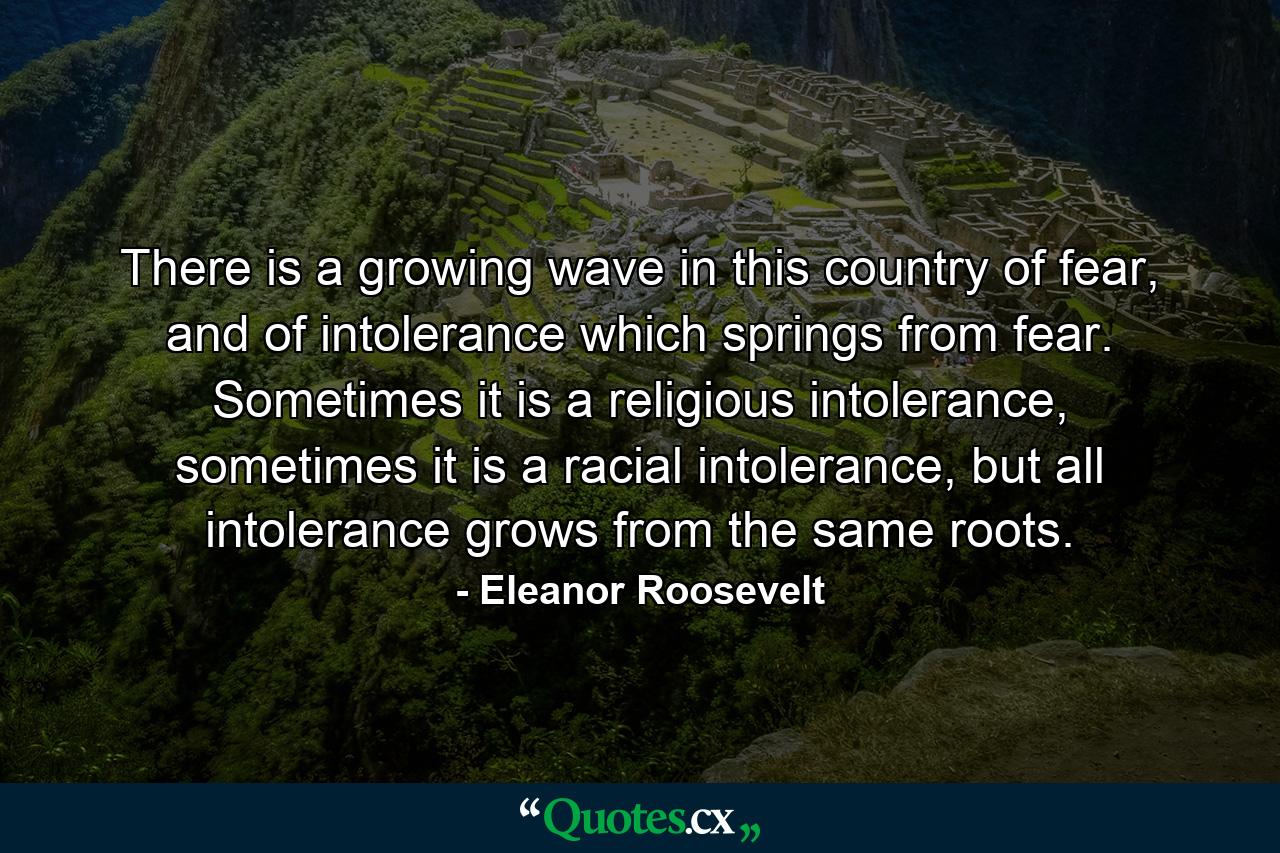 There is a growing wave in this country of fear, and of intolerance which springs from fear. Sometimes it is a religious intolerance, sometimes it is a racial intolerance, but all intolerance grows from the same roots. - Quote by Eleanor Roosevelt