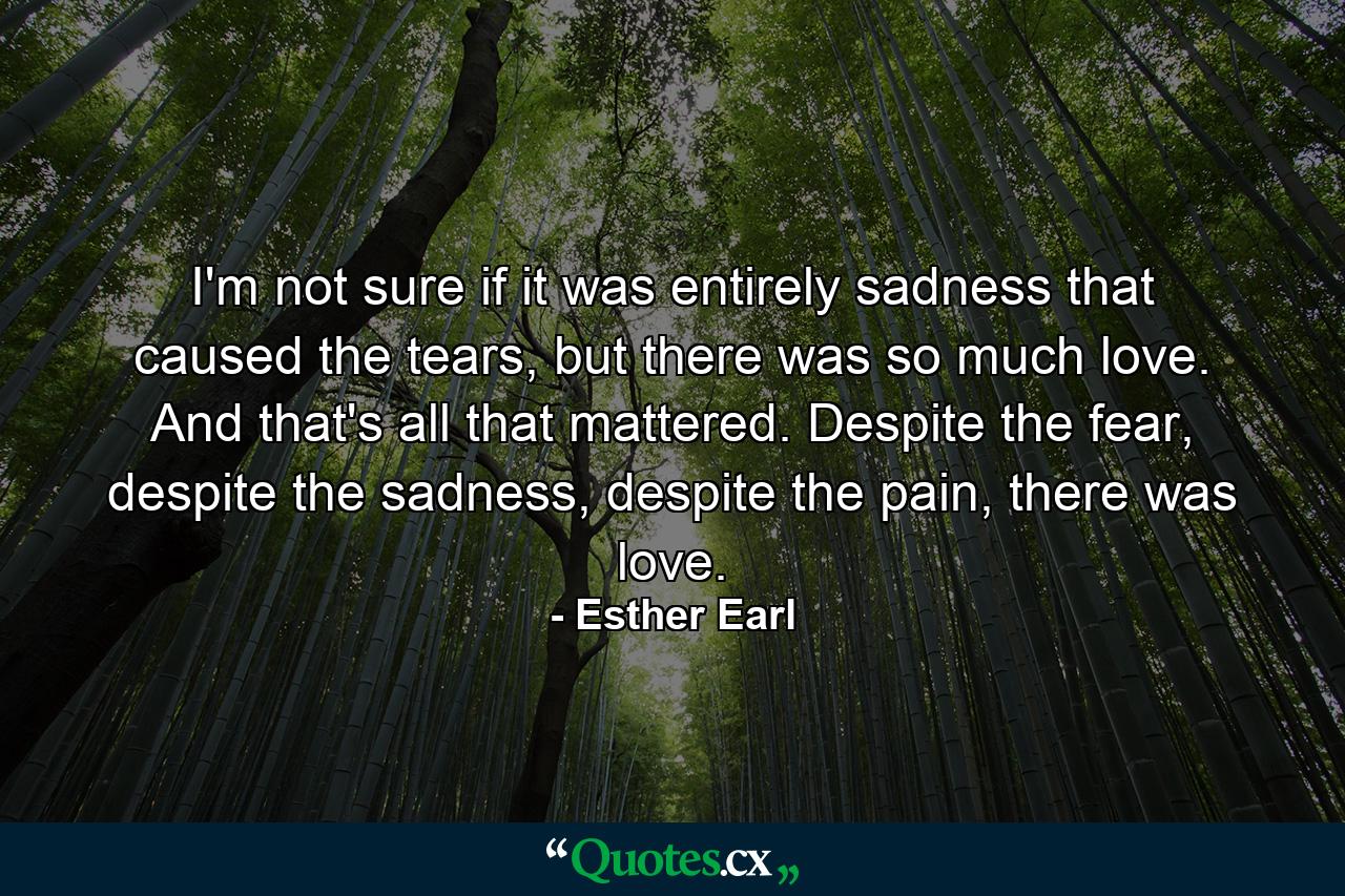 I'm not sure if it was entirely sadness that caused the tears, but there was so much love. And that's all that mattered. Despite the fear, despite the sadness, despite the pain, there was love. - Quote by Esther Earl